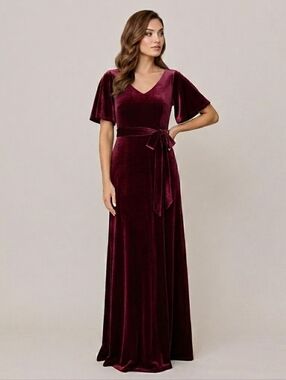 Revelry Velvet Burgundy Harper Dress Maxi Belted Waist V-Neck Bridesmaid Prom XL